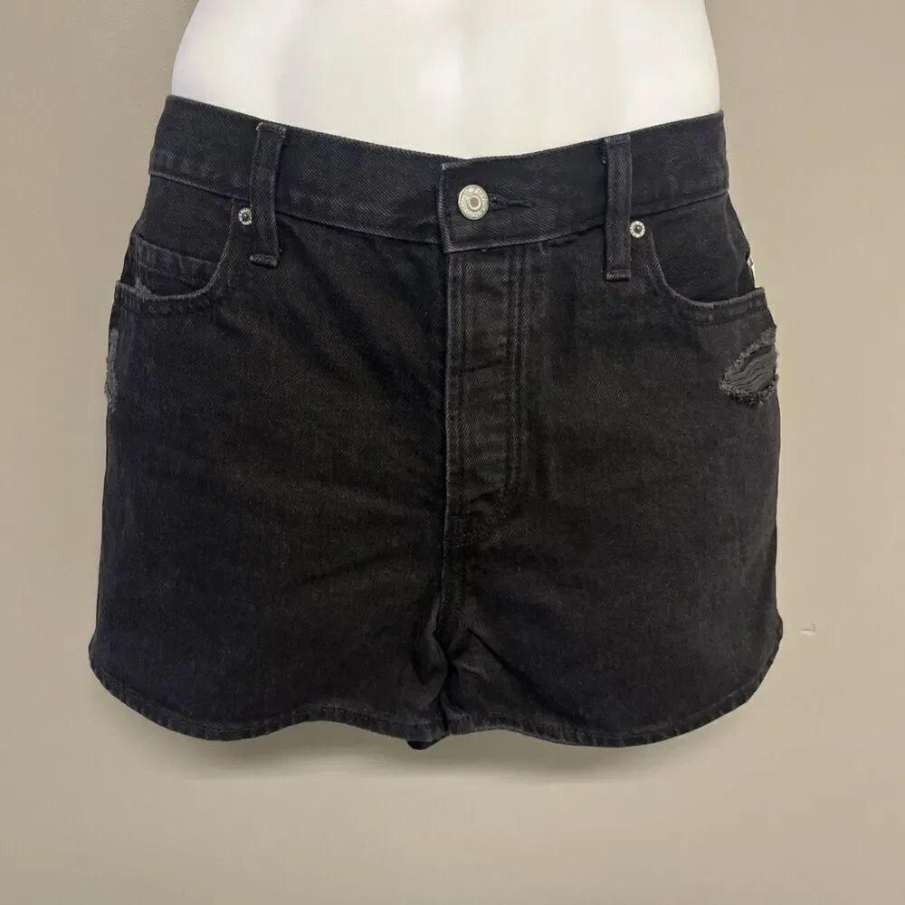 Old Navy High Rise Black Slouchy Straight Distressed Short Button Zip Pockets 12